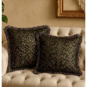 Black Gold Damask Throw Pillow Pair Fringe Trim Baroque Satin Boudoir Luxury